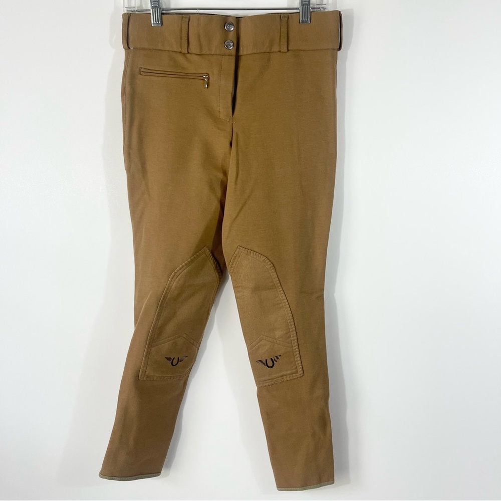 Tuffrider Equestrian Front Zip Knee Patch Breeches Pants Dark Tan Size 28